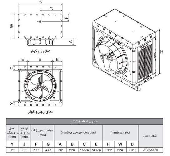 ابعاد کولر آبی صنعتی آبسال آکسیال مدل AC-AX130