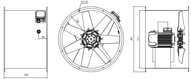 فن آکسیال دمنده سیلندری مدل DAMP‐KN70‐6T‐710‐45deg
