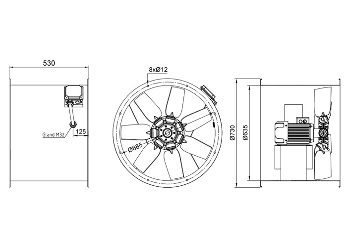 فن آکسیال دمنده سیلندری مدل DASP-KN70-4T-630-30deg