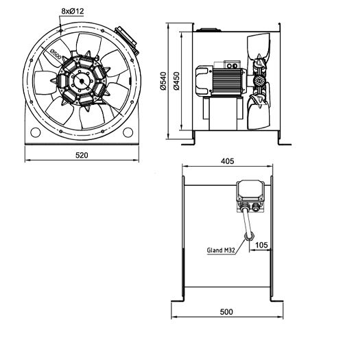 فن آکسیال دمنده سیلندری تخلیه دود مدل DASH-NN3-2T-450-30-F300