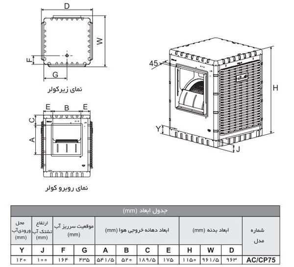 ابعاد کولر آبی آبسال مدل AC-CP75R ابعاد کولر آبی آبسال مدل AC-CP75R