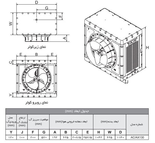 ابعاد کولر آبی صنعتی آبسال آکسیال مدل AC-AX130 ابعاد کولر آبی صنعتی آبسال آکسیال مدل AC-AX130